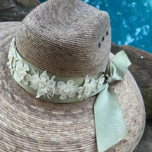 HAT Super Shade - Stunning Olive and Cream Band with 3-Dimensional Beaded Flowers  and Side Tie -  Size Large
