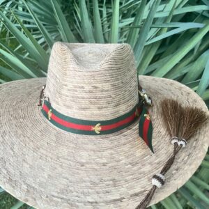 HAT Large Brim Straight Shooter with Horse Hair Chin Strap-  Designer Inspired Band,  Gold Snaffle Bit and  Rhinestone Bee - One Size