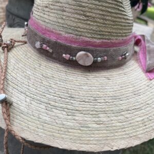 HAT Straight Shooter with Chin Strap- LIght Colored Palm Hat with  Hand Beaded Boho Pink Velvet Band  -  Corded Leather Chin Strap with Beads - Size Medium