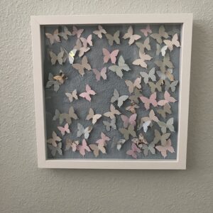 Confetti from Heaven "B" - 3d Butterflies in Shades of Pinks and Blues on soft blue textured background 13" x 13" frame