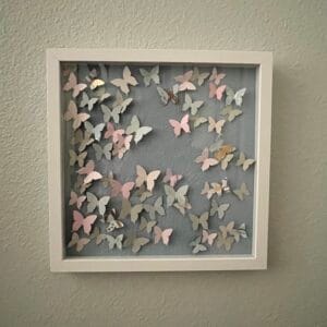 Confetti from Heaven "A" - 3d Butterflies in Shades of Pinks and Blues on soft blue textured background 13" x 13" frame