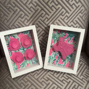 Coastal Cowgirl set of 2 framed art pieces - Bright Pink 3d hats and Textured Texas on Lilly Pulitzer fabric!  Aprrox 6X8 frame exterior   Sold as Set