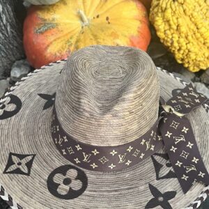 HAT LV Designer Inspired Band in Brown and Metallic Gold and a woven Brown edge around Brim - Fun hand-painted coordinating designs on brim and underside "peek a boo" Size Medium