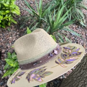 Painted Panama - Signature Feather Design in Greens and Purples 1/4" brim hat - Very unique hand beading on band - Size Med