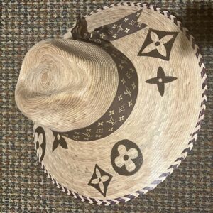 HAT LV Designer Inspired Band in Brown and Metallic Gold and a woven Brown edge around Brim - Fun hand-painted coordinating designs on brim and underside "peek a boo" Size Medium\