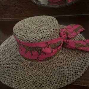 The Cat on a Hat! One of a Kind - super lightweight straw hat in Toast and Bright Pink - Adjustable One Size