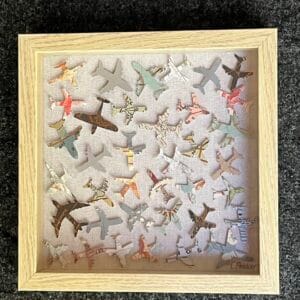 Overbooked Tarmac (B) - 3d Airplane Art in Neutral palette with a Maps theme.  10" x 10 x 2"  - Framed ready to hang