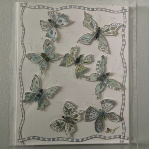 Beaded Butterfly Watercolor Shadow Box in Blues and Greens- 16" x 20" x 3" Acrylic Shadow Box frame - Original Art - One of a Kind!