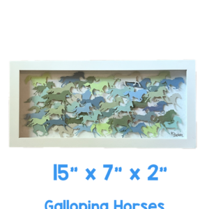 Shadowbox of Galloping Horses 15" x 7" x 2"  Original Art - Blues and Greens Paper art raised on canvas