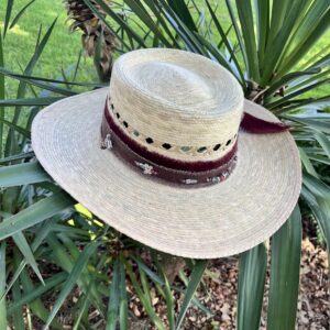 HAT Gig'em! - !!  A-A-A-A!!!  Frayed ribbons with hand beading in maroon and neutral - Silver hand-cast Gig'em pin on band - Size Med