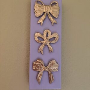 Textured Gold Leaf Bows on a 12" X 4" X 1.5"  Lavender background - Ready to hang!