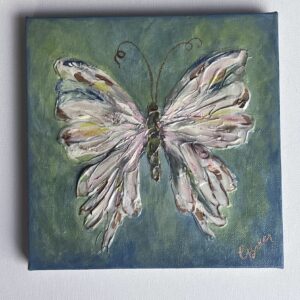 Flutterfly A - Original Textured Acrylic Painting Blue Background Butterfly - 8" x 8" x 3/4" canvas