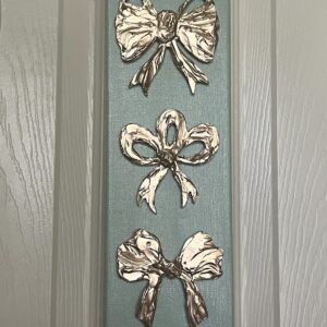 Textured Gold Leaf Bows on a 12" X 4" X 1.5"  Sage Green background - Ready to hang!