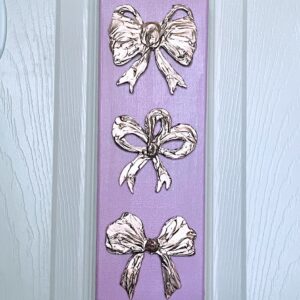 Textured Gold Leaf Bows on a 12" X 4" X 1.5"  Pink background - Ready to hang!