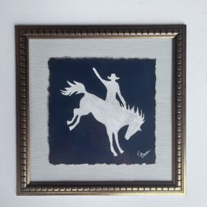 ART B Bronc Riding Cowboy Original Acrylic on navy hand-painted deckled gold edge in 14" x 14" gold frame