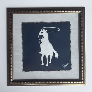 ART B Cowboy with Lasso Original Acrylic on navy hand-painted deckled gold edge in 14" x 14" gold frame