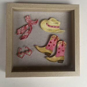 ART Cowgirl Couture Pink Hearts OOTD (ONE OF A KIND) in a9 x 9 x 2" Natural Shadow Box frame
