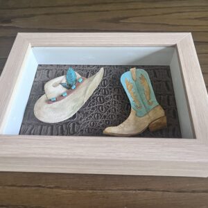 ART Boot and Hat with beaded leather band on an alligator embossed background!! Watercolor original 3d in a 6 x 8"  natural wood frame