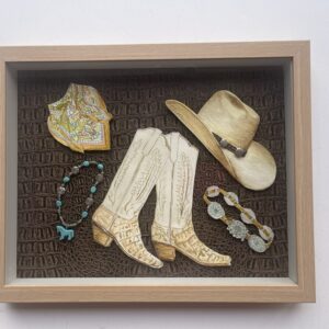 ART Cowgirl Couture - Original Watercolor Mixed Media -Boot, Hat, Scarf, Belt and Necklace mounted on an alligator embossed background!! ! Framed 12" x 15"