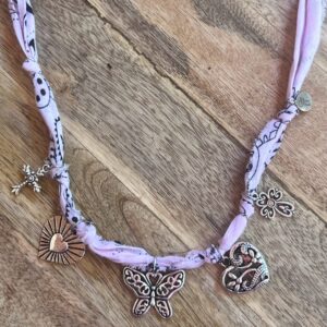 Charming Bandana in Pale Pink with 5  charms - Butterfly, hearts, crosses - Adjustable length