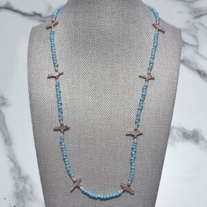 Brimsi Beads - Carved Mother of Pearl Bird Fetishes in Blush with light blue and spacer beads - 26" Long