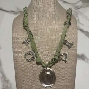 Charming Bandana in Soft Green - Cowgirl theme charms - Large Cowgirl Hat, Texas, boot, horseshoe, cactus - Adjustable length