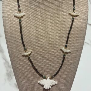 Brimsi Beads - Carved Mother of Pearl Eagle with heishe beads and bird fetishes  - 24" long
