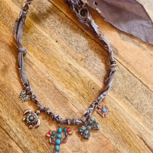 Charming Bandana in Gray  -  Desert-themed charms each with a turquoise color accent- Adjustable length