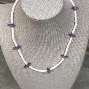 Brimsi Beads 18" necklace  - White African vinyl beads with purple mother of pearl  bird fetishes