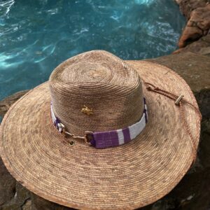 HAT Straight Shooter with Chin Strap- Premium Palm Hat with Guatemalan Band in shades of purple with Gold Snaffle Bit, Concho and Horned Frog Pin  -  Corded Leather Chin Strap - Size Medium