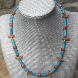 Brimsi Beads - Carved Mother of  Pearl Bird Fetishes in Orange with Turquoise and Orange Dyed Gemstone Beads -  18 " Long