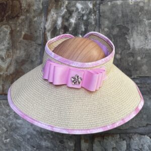 Vogue Visor - UPF 50 - Beige Visor trimmed in pink tie-dye with the prettiest bow and rhinestone embellishment - One Size