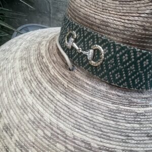 HAT Super Shade - Hunter Green and Cream Geometric Band - Gold Rhinestone Snaffle Bit and Gold Buttons - Size Medium