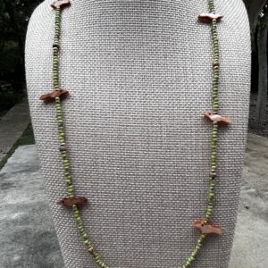 Brimsi Beads - Carved Mother of  Pearl Bird Fetishes in light Coral/Salmon with gold plate spacers and Olive green glass beads - 28" long