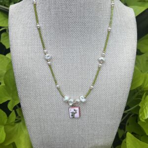 Brimsi Beads 19" Mah Jongg Necklace  -   Pink MahJongg Pendant with olive green seed beads and real fresh water pearls