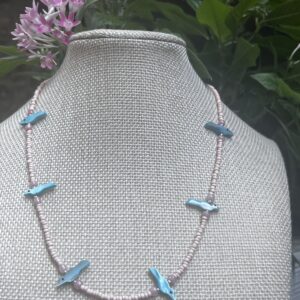 Brimsi Beads necklace - Light Pink seed beads with turquoise Mother of Pearl bird fetishes 17"