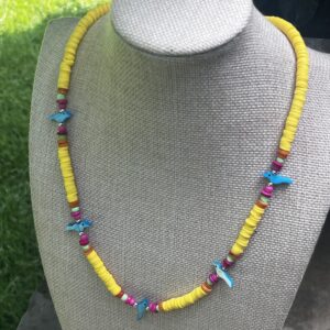 Brimsi Beads 16 - 18 " necklace  - Yellow African vinyl beads turquoise mother of pearl  bird fetishes