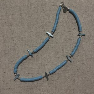 Brimsi Beads 18" necklace  - Coastal Blue African vinyl beads, freshwater pearls, and turquoise mother of pearl bird fetishes