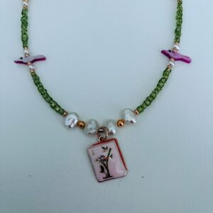 Brimsi Beads 20" Mah Jongg Necklace  -   Pink MahJongg Pendant with olive green glass beads, pink bird fetishes and real fresh water pearls