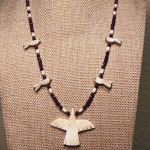 Brimsi Beads 18" Shades of Purple - One of a Kind! Glass Beads mixed with Carved Thunderbird and Unique Vintage Bird Fetishes