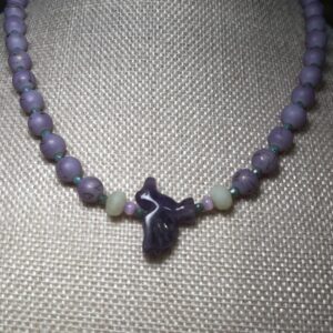 Brimsi Beads 18" Shades of Purple - Glass Matte Beads and Carved Amethyst Bird