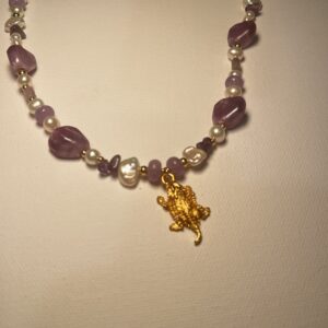 Brimsi Beads 18" Shades of Purple -  Horned Frog Charm - Real Fresh Water Pearls and 14kt gold filled beads