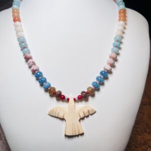 Brimsi Beads 18"  Multicolor Gemstone Rondelle Beads and Carved Thunderbird