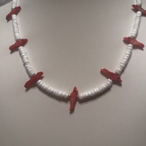 Brimsi Beads 16" necklace  - White shell beads with dreamy orange mother of pearl bird fetishes