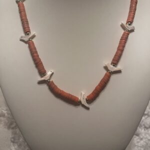 Brimsi Beads 17" necklace  - Burnt Orange  African vinyl beads with creamy white mother of pearl  bird fetishes