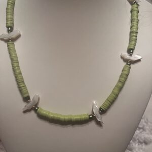 Brimsi Beads 18" necklace  - Pear Green African vinyl beads with white mother of pearl bird fetishes