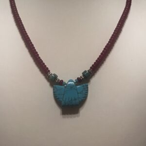 Brimsi Beads 17"  Maroon and Turquoise - Small Rondelle Beads and Carved Thunderbird