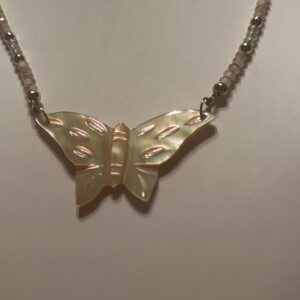 Brimsi Beads 17"  Glistening Faceted Glass Beads and Hand Carved Shell Butterfly