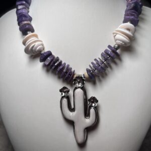 Brimsi Beads Statement Strand 15 - 18"  Tibetan Silver and Bone Cactus Pendant on Amethyst Disk Gemstones - A Stunning BBFave