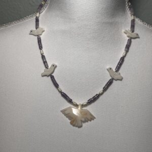 Brimsi Beads 17" Shades of Purple - Carved Shell Spread Winged Bird and quality large Bird Zuni Fetishes and lavender glass beads